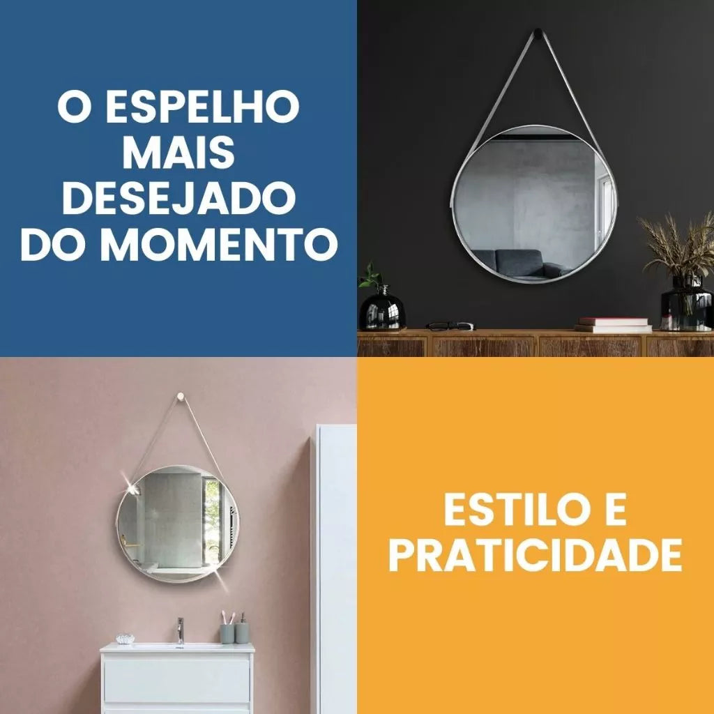 Espelho Adnet Redondo 30cm Com Alça + Suporte e Pendurador