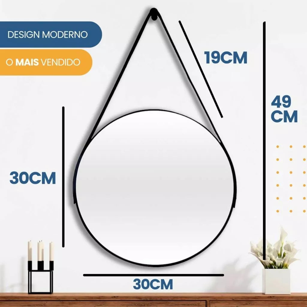 Espelho Adnet Redondo 30cm Com Alça + Suporte e Pendurador