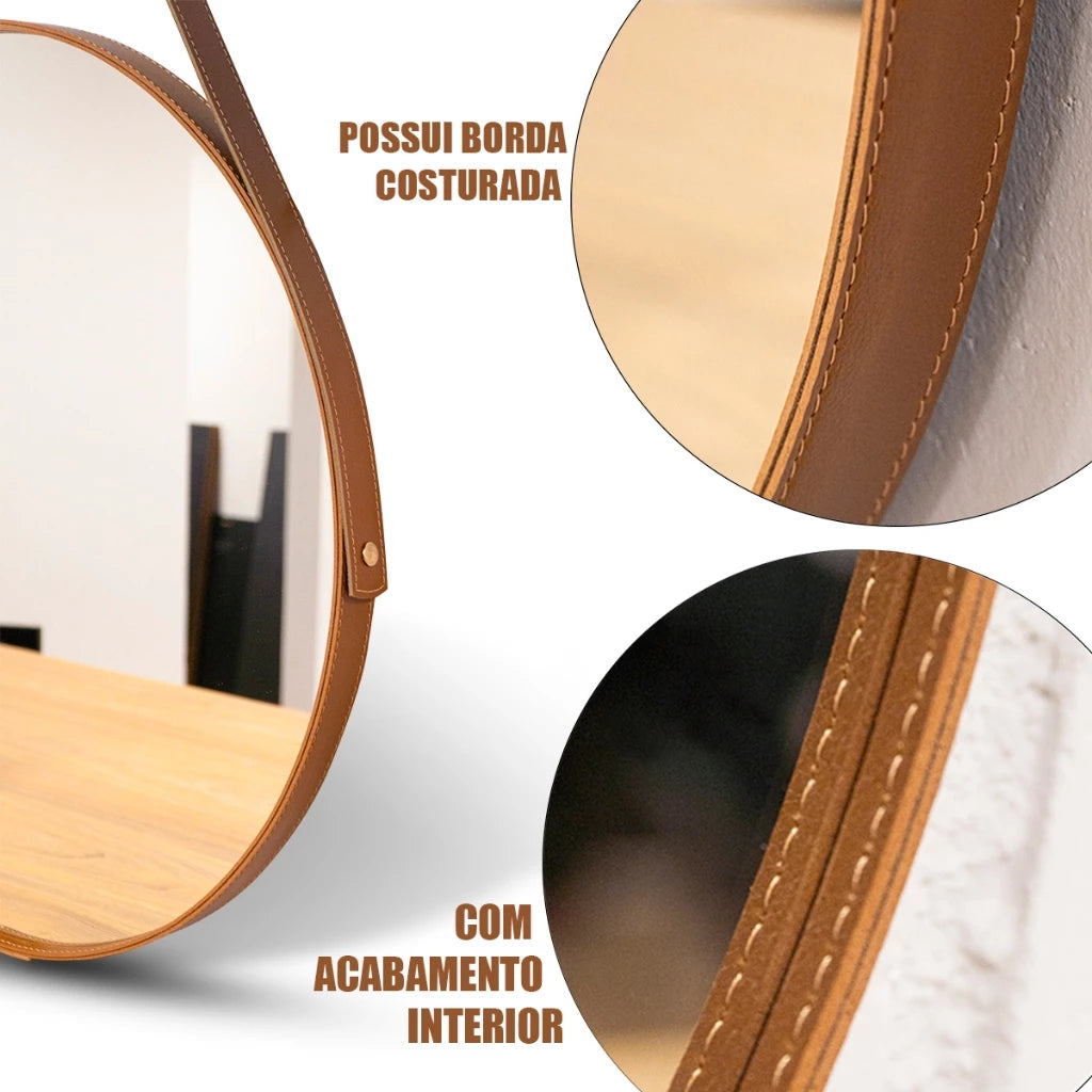 Espelho Adnet Redondo 30cm Com Alça + Suporte e Pendurador