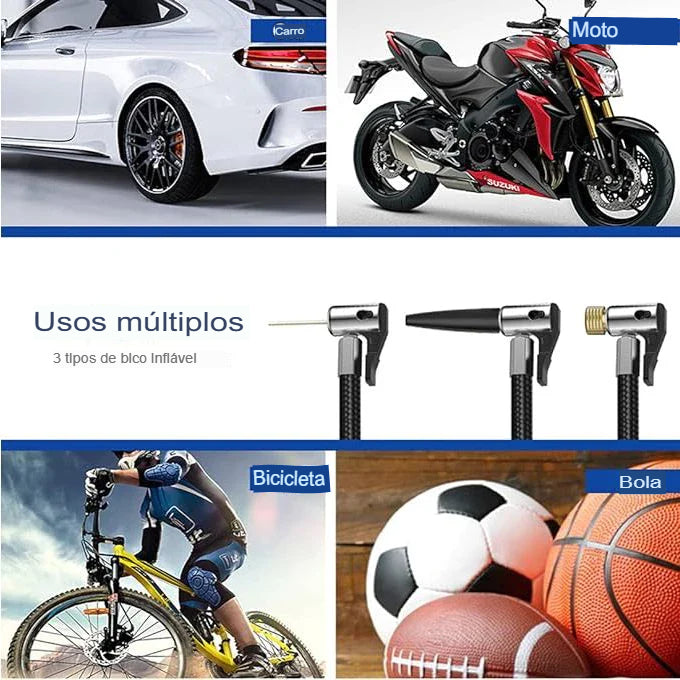 Compressor de Ar Para Encher Pneus Carro, Moto, Bicicleta, Inflaveis e Bolas